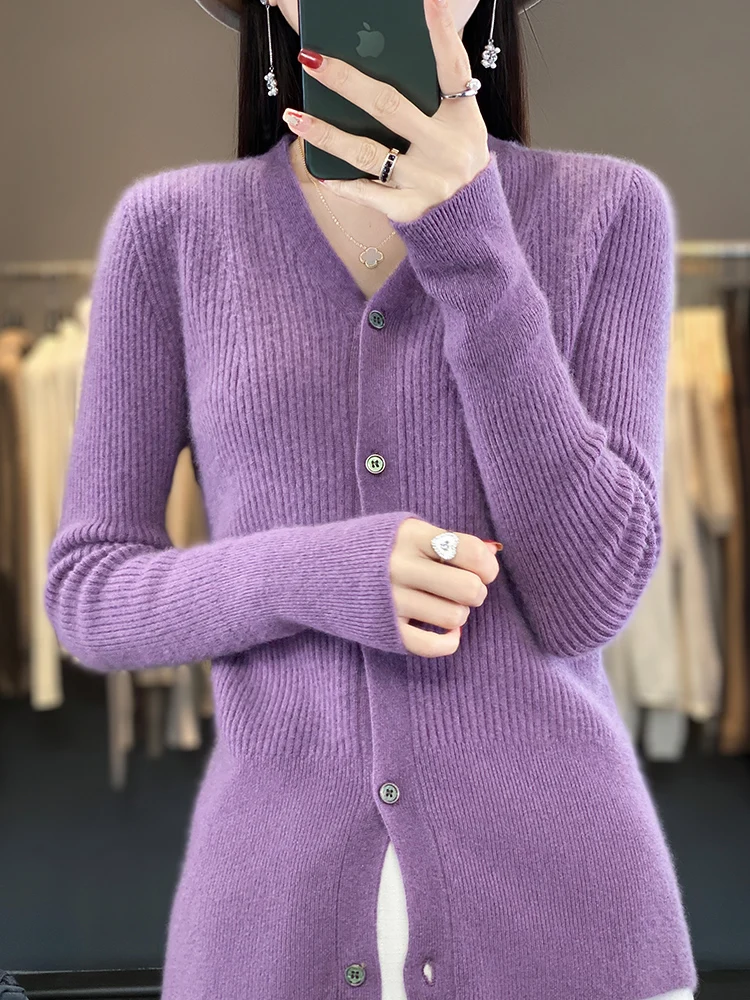 Devin Women's V-neck Slim Cardigan Spring Autumn 100% Merino Wool Sweater Solid Comfort Cashmere Knitwear Korean Popular Cloth