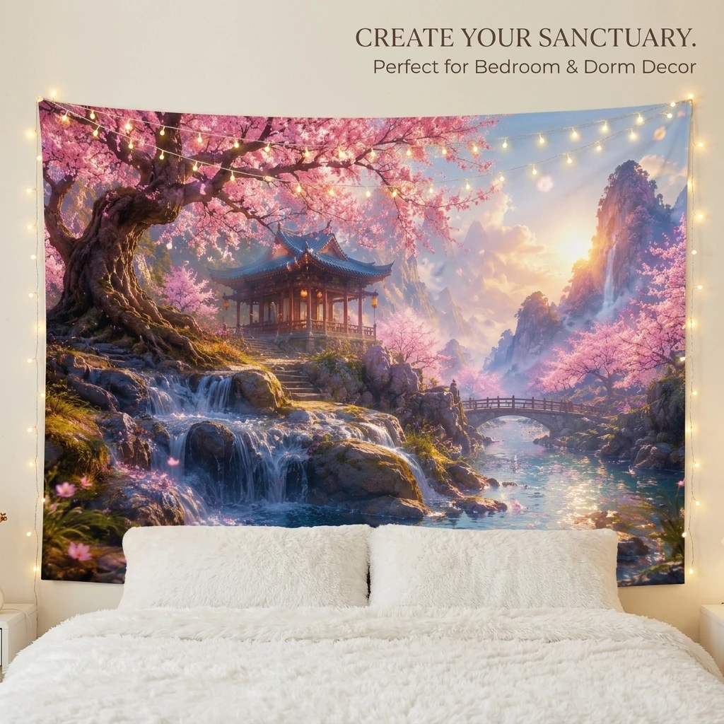 Gorgeous Sakura Cherry Blossom Waterfall Tapestry Wall Art Hanging Print Polyester Fabric Decor for Living Room Home Decoration