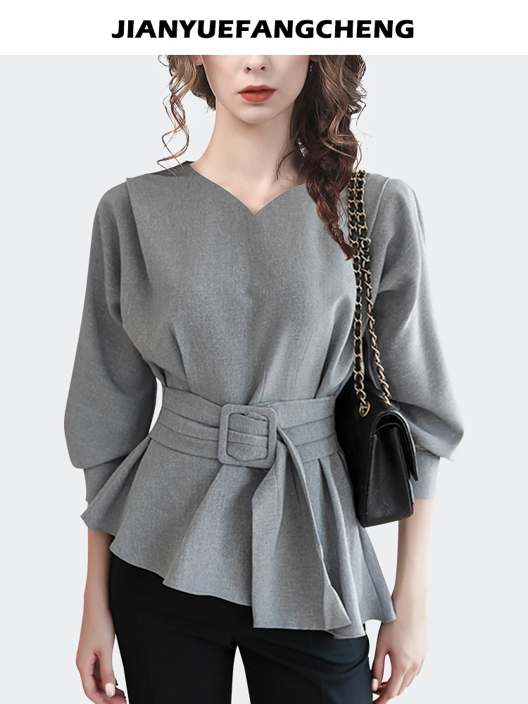 2023 Spring Fashion Women Lantern Sleeve Sweetheart Neck Grey Shirt Asymmetrial Design Belt Lace-Up Casual Working Top Blouses