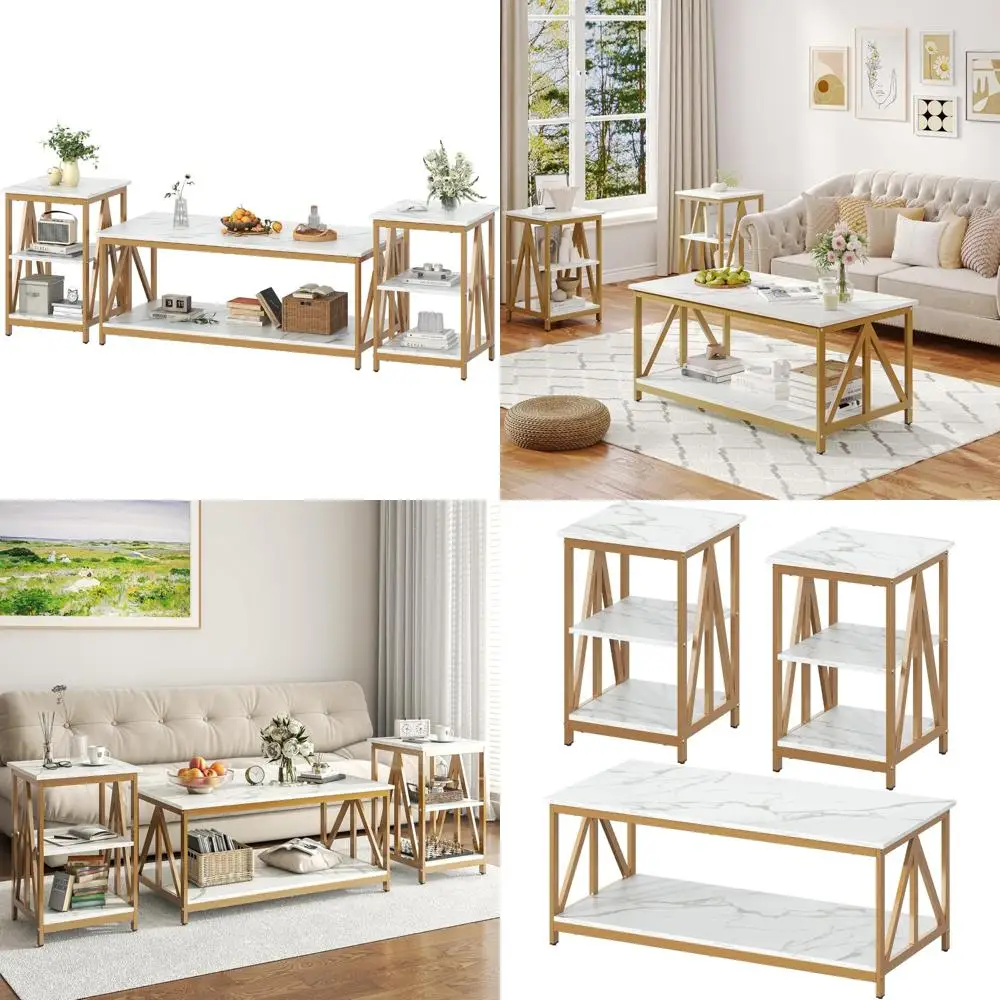 

Triangular Industrial-Style 3-Piece Coffee Table Set: 1 Large Coffee Table with 2 Matching Side Tables for Living Room