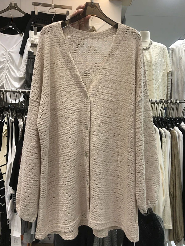 

Женский вязаный кардиган большого размера с V-образным вырезом, длинными рукавами, ажурный, осенний, свободного кроя, повседневный, цветной