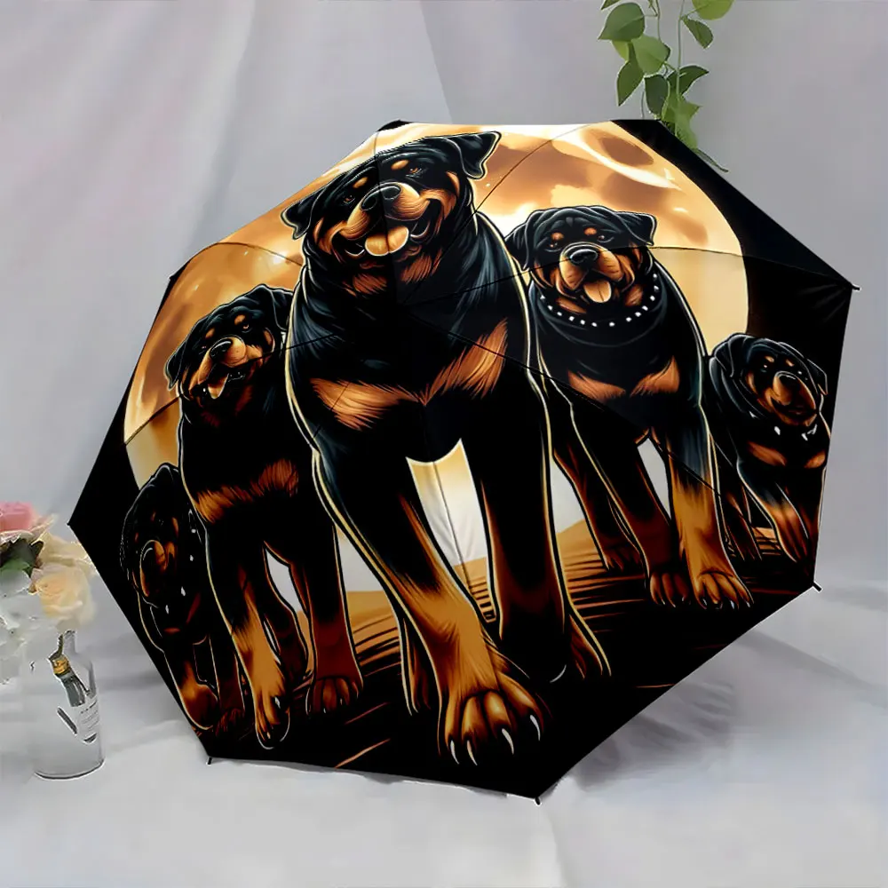 1PC Rottweiler Pack Printed Umbrella with Moonlit Design Print 8 Iron Ribs Folding Umbrella Auto-Open Fashion Sunshade