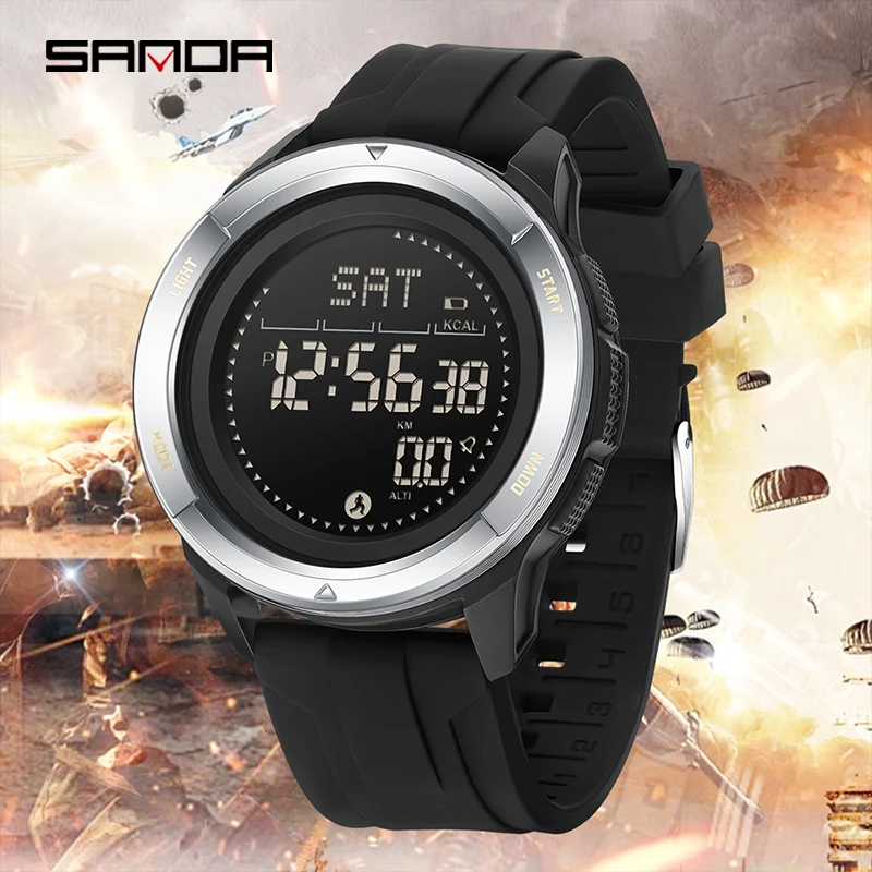 SANDA 2197 ساعة إلكترونية رياضية خارجية مضادة للصدمات ومضادة للسقوط 5ATM مقاومة للماء للرؤية الليلية ضوء بارد خطوة السعرات الحرارية البوصلة