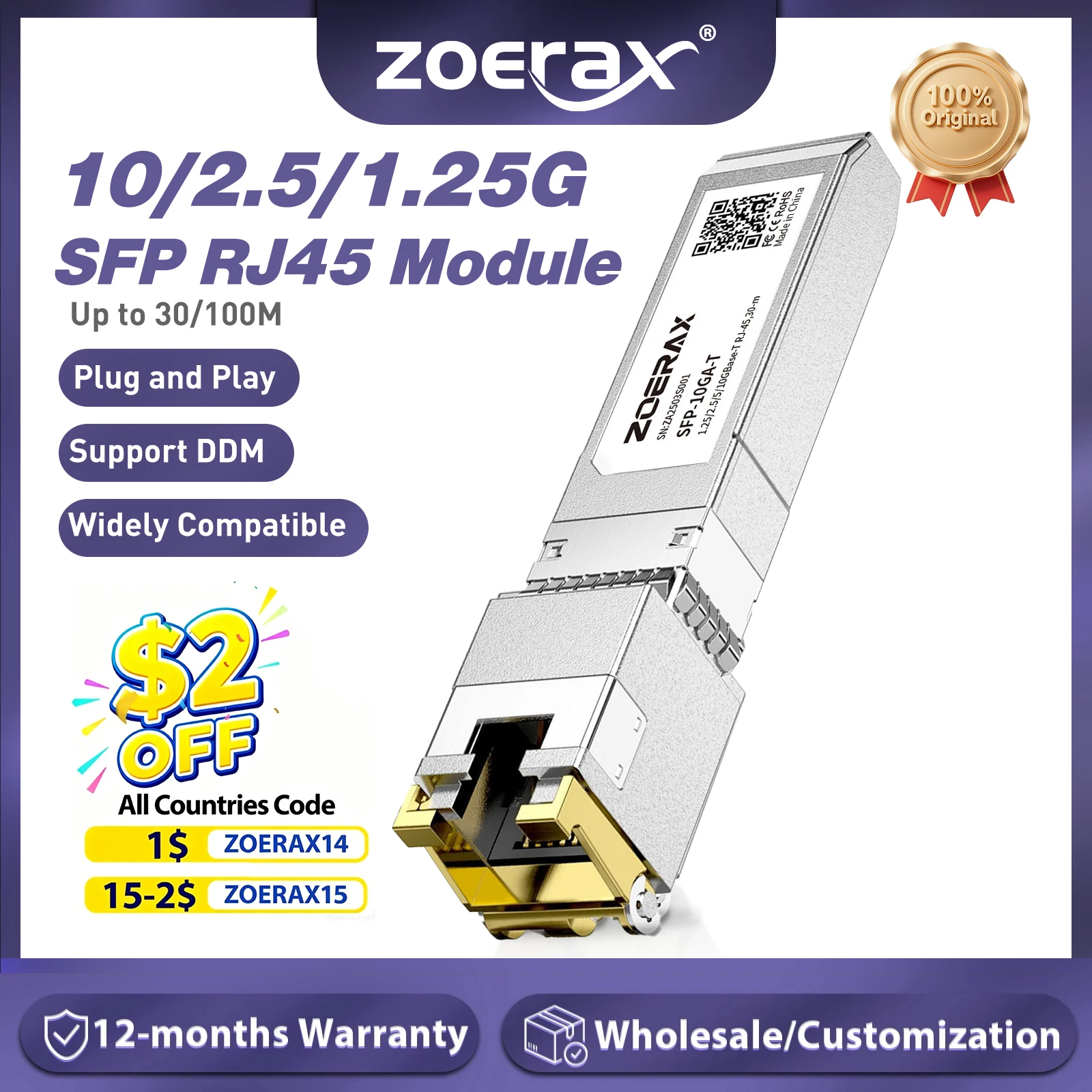 Módulo Transceptor Ethernet SFP+ para RJ45 ZoeRax 10/2.5/1.25G de Cobre, Compatível com Switches Ethernet Cisco/Mikrotik