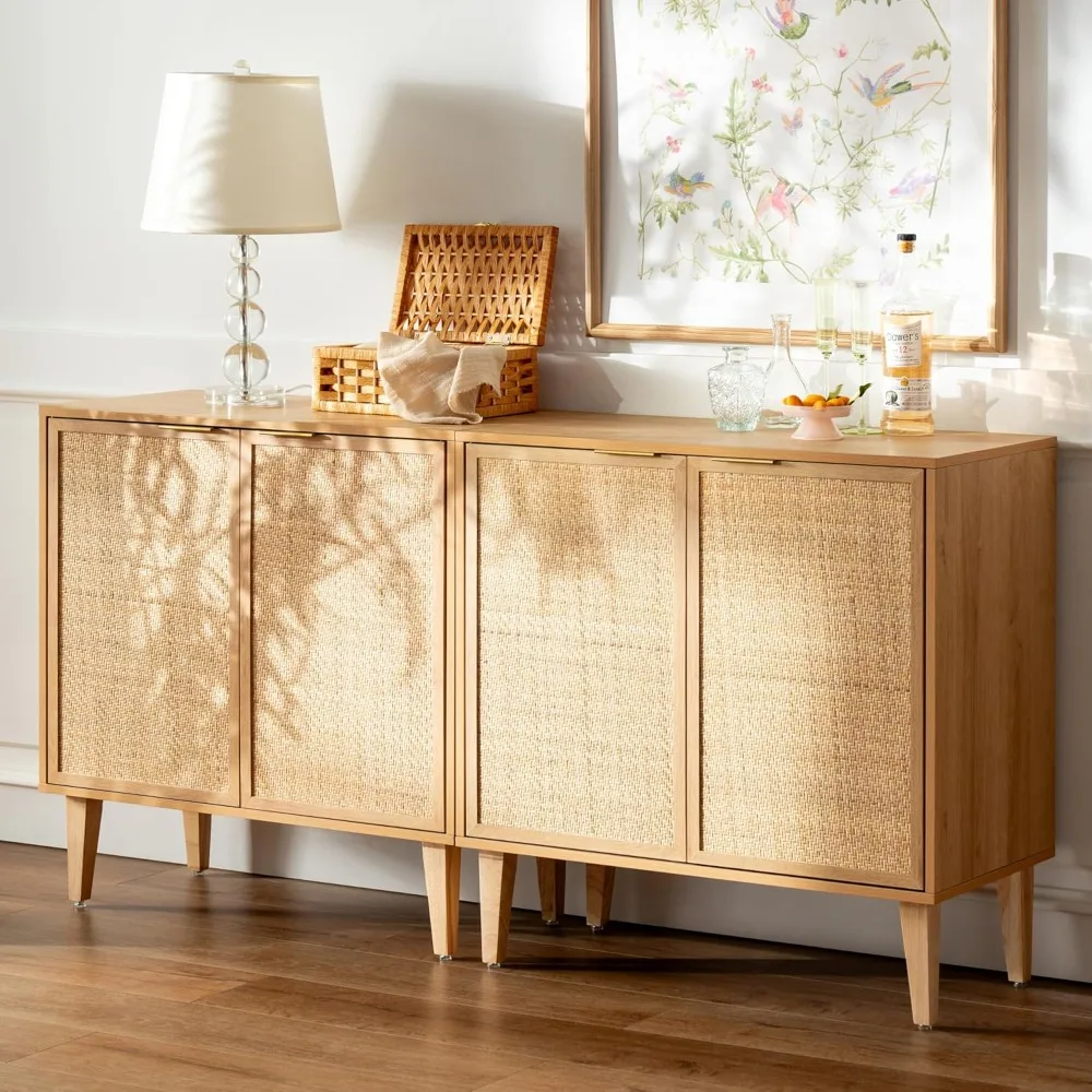 Accent Storage Cabinet Set of 2 Sideboard with Rattan Doors, Boho Buffet Kitchen Bar Cabinet Farmhouse Credenza Cabinet