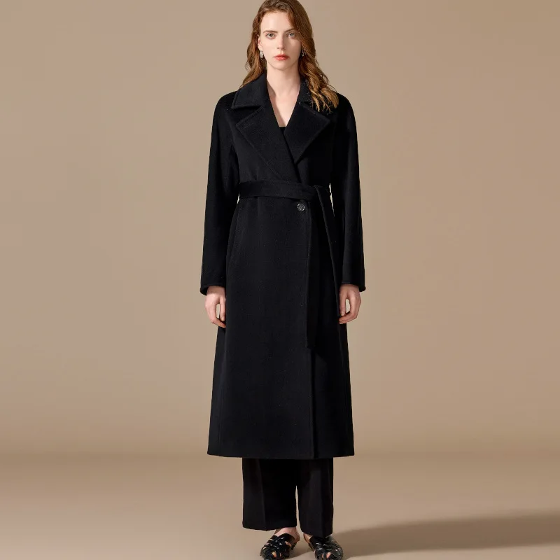 100% Camel Velvet Black Coat Winter Long Coat Women Autumn Casual One Button Coat Warm Fashion Style Classic Style (With Lining)