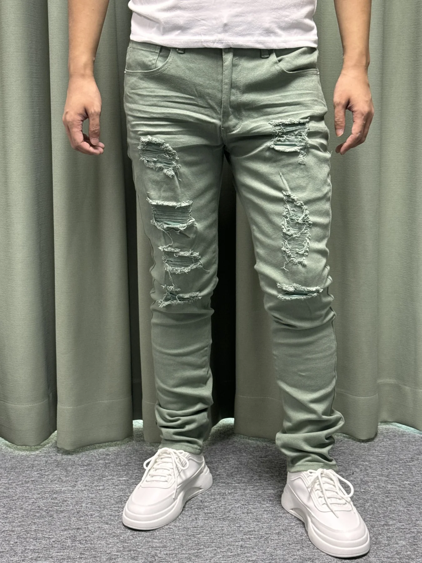 Men's stretch twill pants, full ripped design, available in a variety of colors, front and back knee plus three-dimensional crea