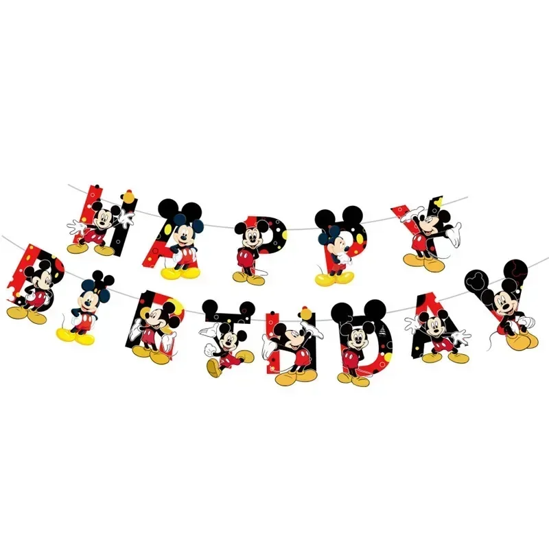 Disney Children\'s Birthday Party Mickey Mouse Black and Red Theme Flag Pulling Balloon Decoration Disposable Tableware Supplies