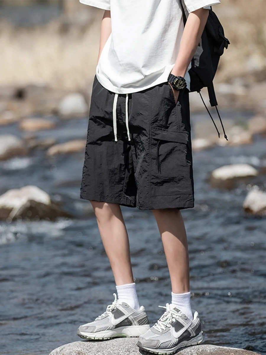 

Мужские летние тонкие свободные повседневные брюки средней длины для активного отдыха, быстросохнущие, модные, дышащие, из полиэстера