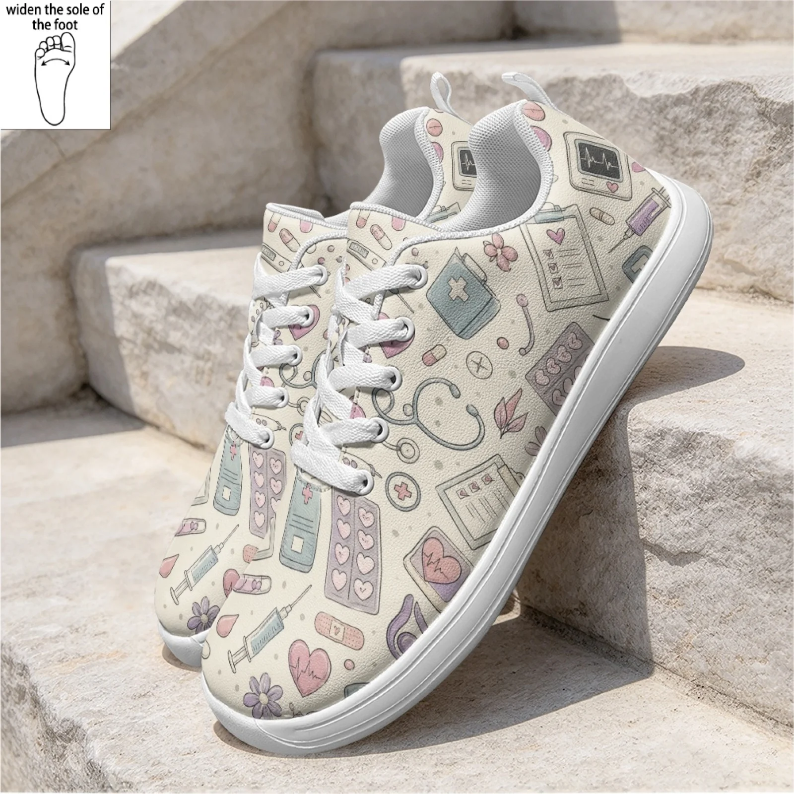PENSTROLL Medical Icon Print Wide Width Nurse Shoes for Women Standing PU Clinic Shoes Casual Work Sneakers
