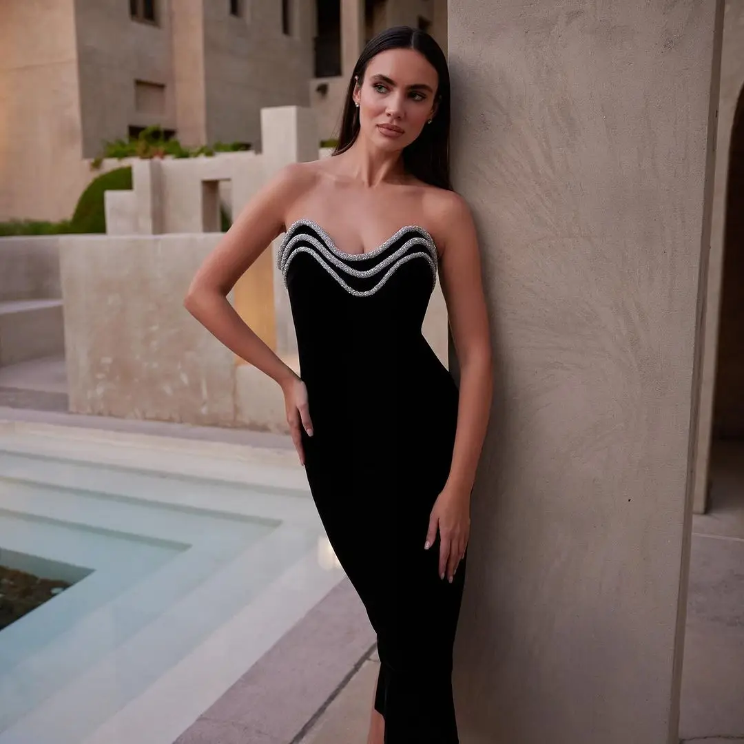 GORAFASHION Strapless Metal Chain Design Black Bandage Dress Bodycon Sexy Elegan Ladies Ball Gown Party Evening Dress