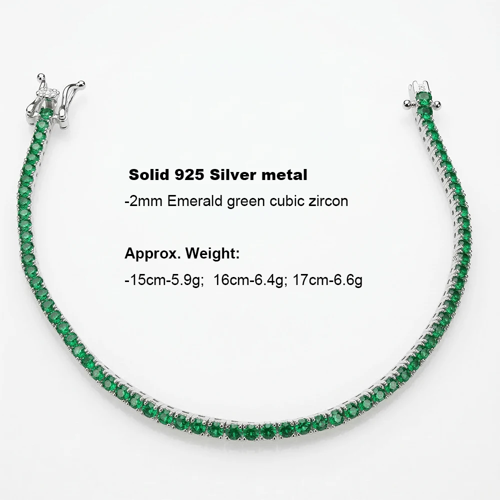 YLMyself 925 Sterling Silver Tennis Bracelet 2mm Pave Emerald Green CZ 15/16/17cm Hip Hop Chain Women Jewelry