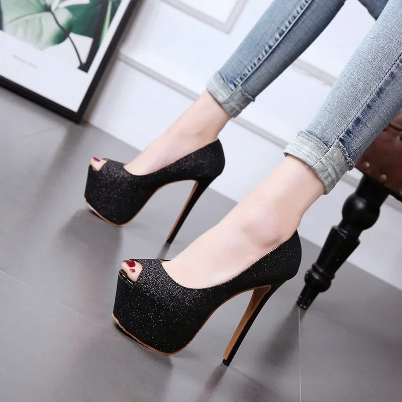 Women Shoes Autumn Crystal Fish Mouth Platform Women Pumps Sequins High Heels 15cm Shoes Peep Toe Shallow  Female Shoes Women ty