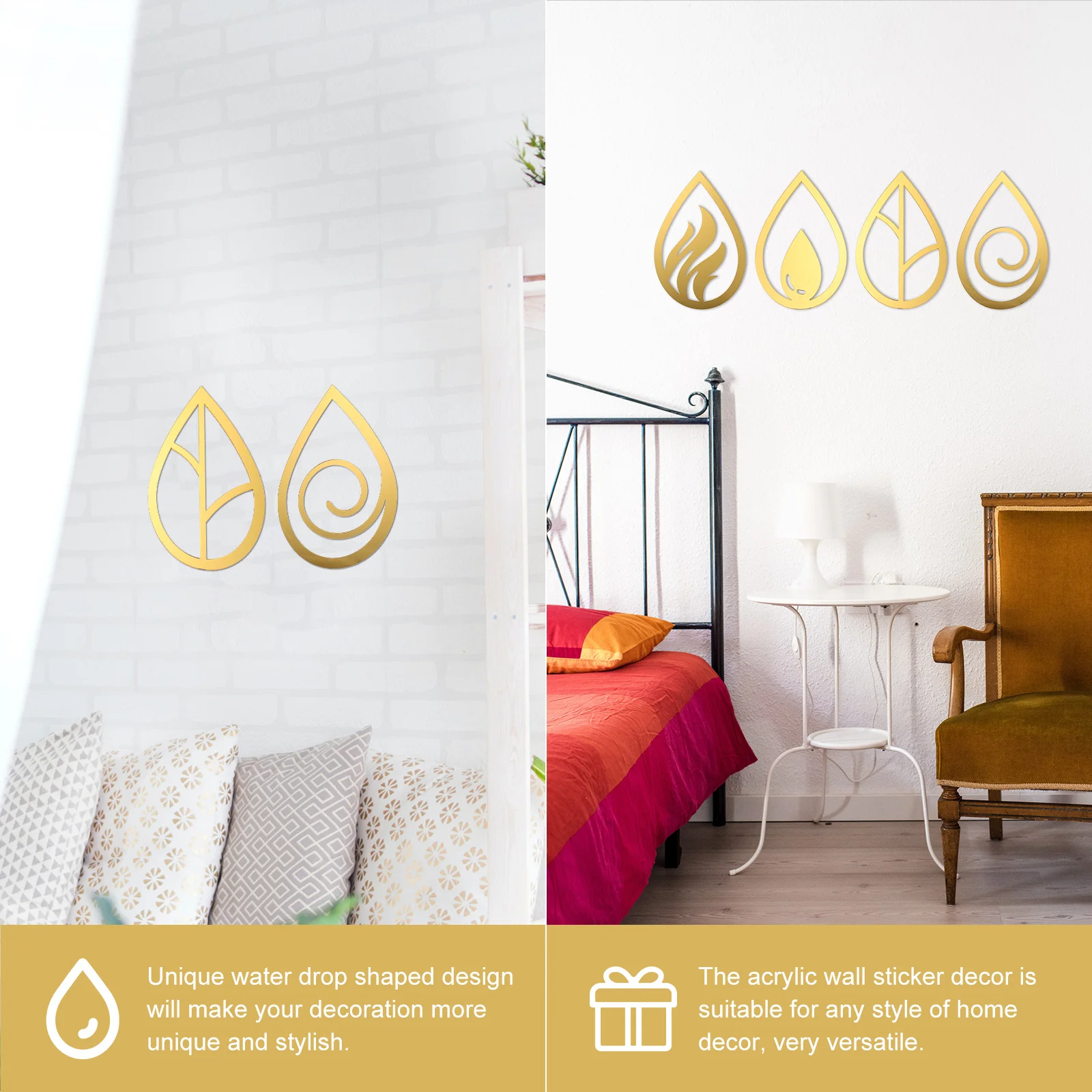 

4Pcs Water Drop Decor Wall Sticker Acrylic Home Decor Adhesive Hanging Ornament for Living Room Bedroom Office Study Cafe DIY