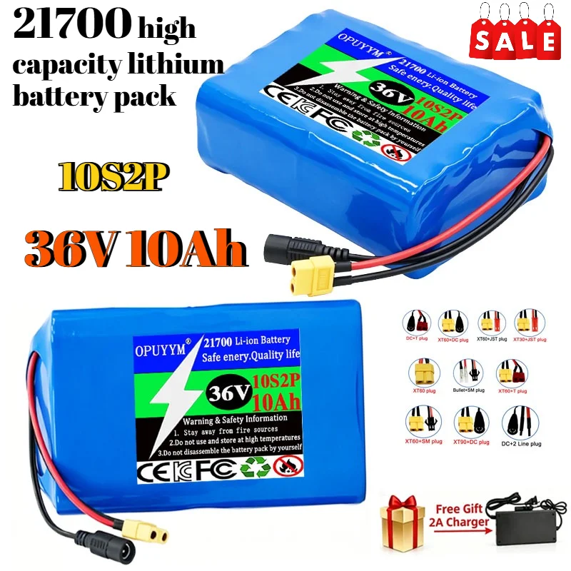 High Capacity 21700 Lithium Battery Pack 10S2P 36V 10Ah 500W for Motor Electric Two Wheeler Electric Pedal BMS + 42V 2A Charger