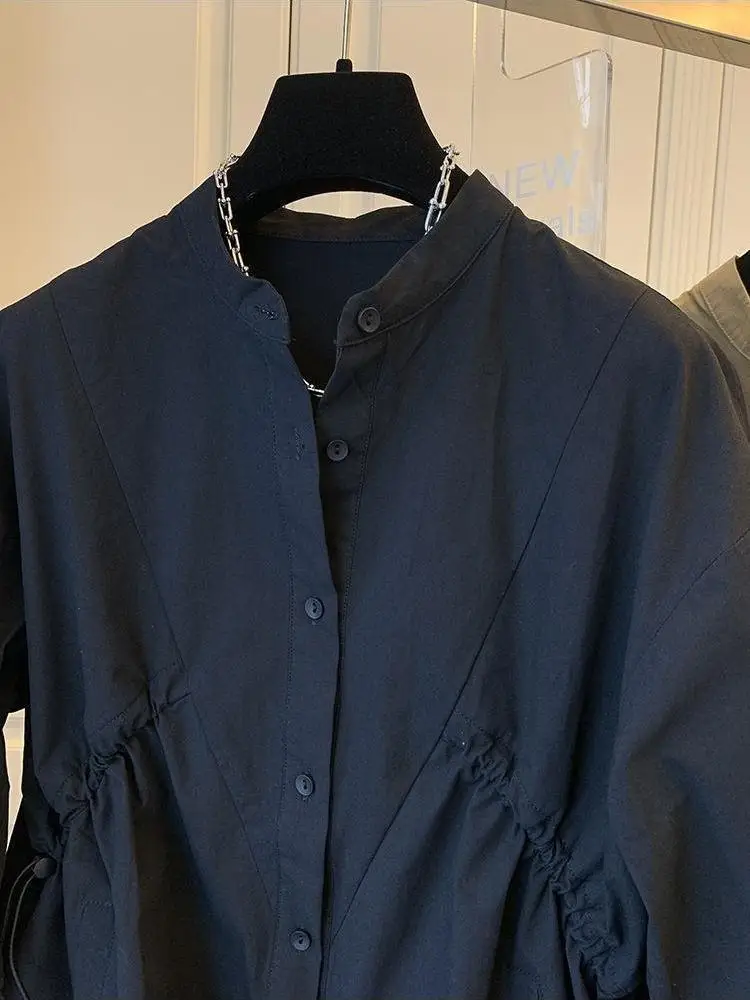 High-end Design Spring Autumn Pleated Drawstring Blouse Women Clothing Trend Long Sleeves Shirts Tops Loose Outerwear Vintage
