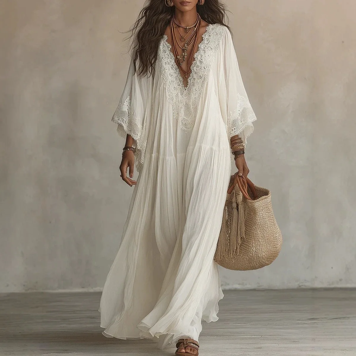 Lace Splicing V-neck Long Bat Sleeve Women's Long Dress Birthday Party Vacation Beach Leisure Loose Embroidered Long Dress