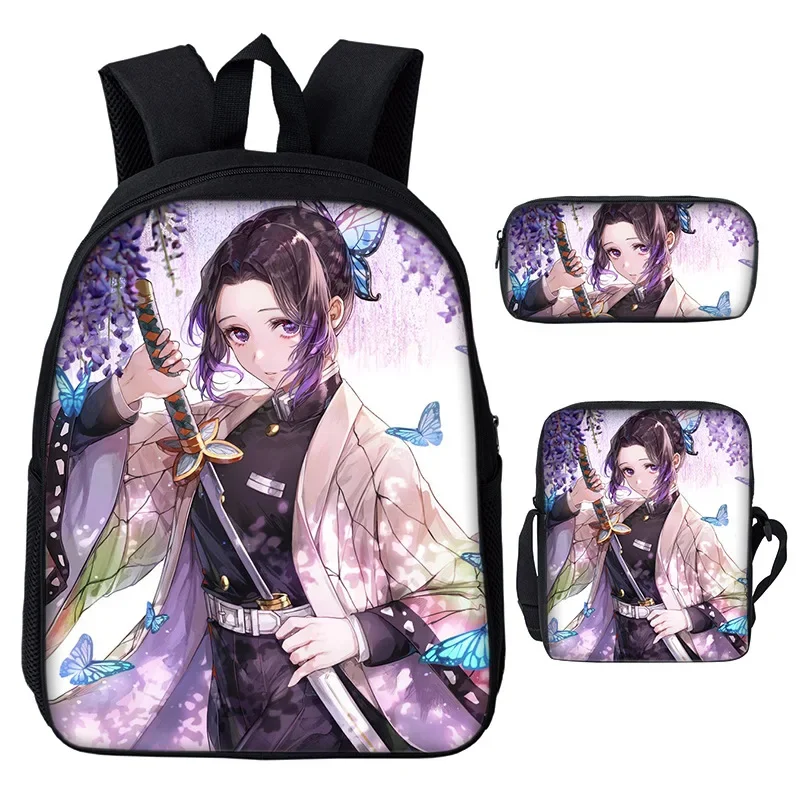 Ransel Anime 3 Buah/Set Tas Sekolah Demon Slayer Kochou Shinobu untuk Anak Laki-laki Perempuan Tas Buku Ransel Manga Kartun Anak-anak Mochila
