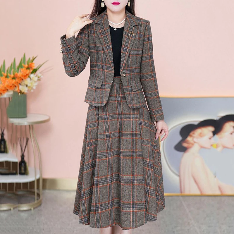 

Fashion Suit Women Autumn Winter 2023 New Plaid Blazer Jacket+Skirt Female Suit Elegant Loose Professional Leisure Two-Piece