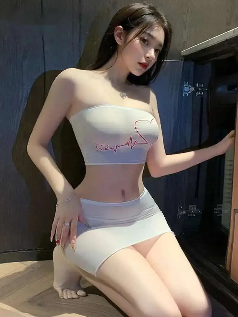 

Sexy Backless Lingerie Heartbeat Print Perspective Split Slim Fit Strapless Elastic Wrap Skirt Charming Sweet Dress Sets WT0H