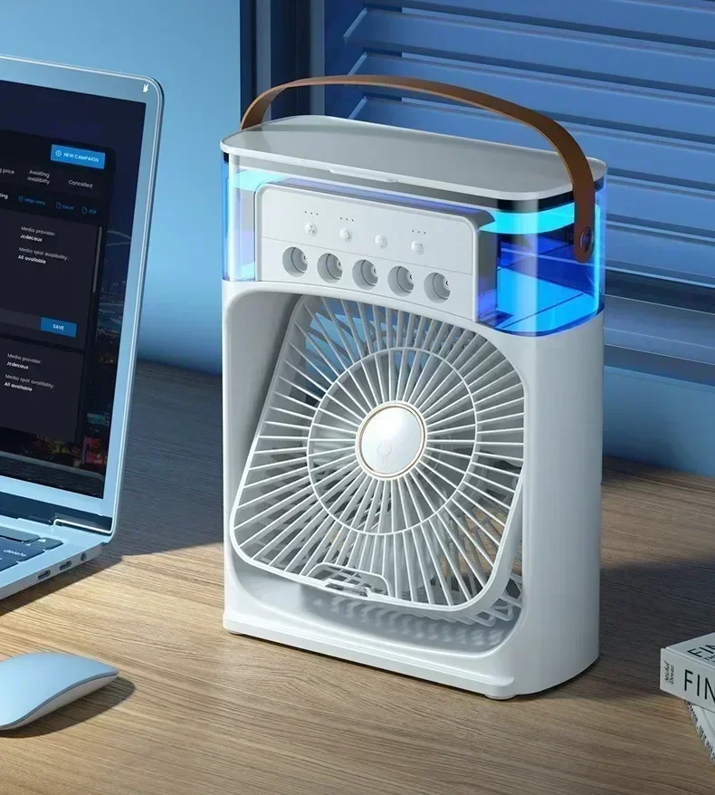 Three-in-one Fan Air Conditioner LED Light Portable Humidifier Air Conditioner Fan 3/4 Wind Speed Outdoor Travel Water Spray Fan