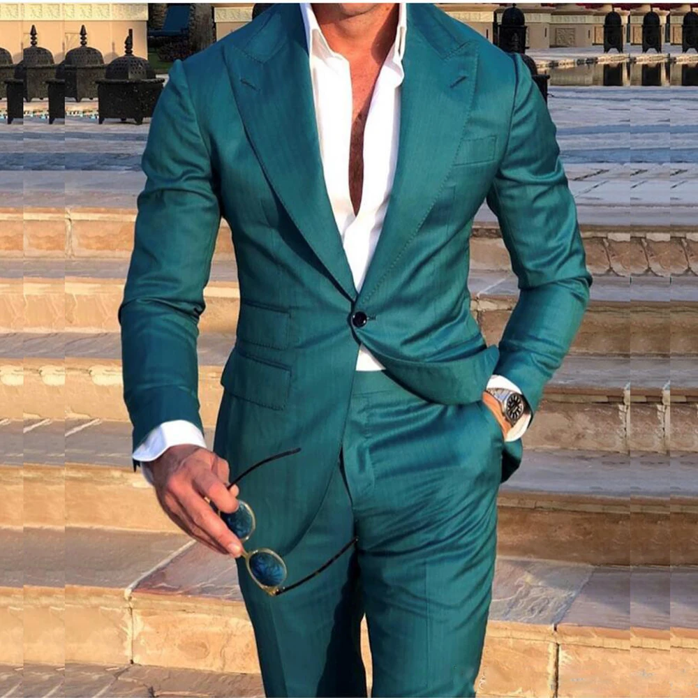 Teal Mens Suits Voor Bruiloft 2 Stuks Kostuum Homme Huwelijksbruidegom Smokings Bruidsjonkers Zakelijke Prom Suits Slim Fit Blazer Broek