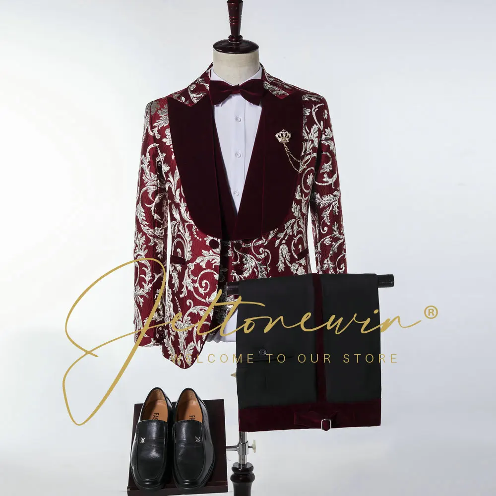 

3 Pieces Groom Suits For Wedding Men Suit Set 2025 Formal Luxury Burgundy Jacquard Terno Masculino Completo Slim Fit Tuxedo