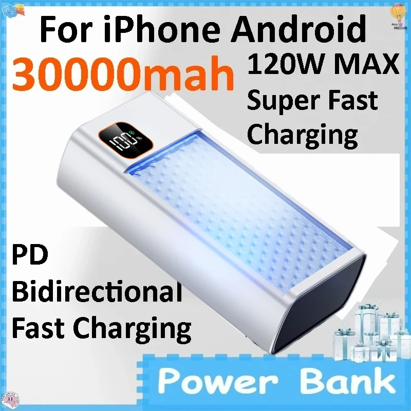 120W PD Digital Display Power Bank 30000mAh Large Capacity Portable External Battery for IPhone Android