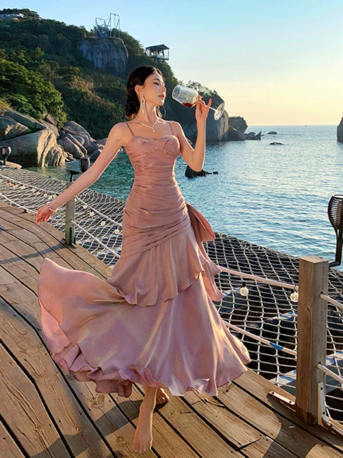 Ele Mermaid Sle Long Svel Dr مع يجمع الخصر و ter Ne من الساتان الناعم لحفل الكبار Dr Purple Summer