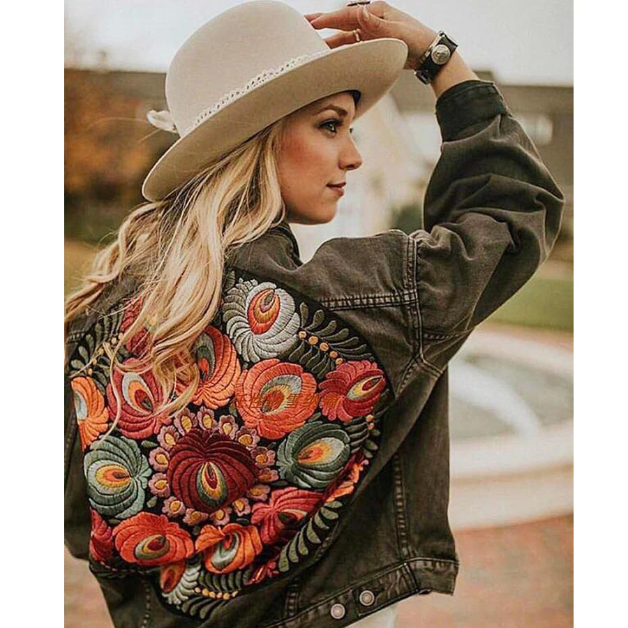 

Gypsylady floral Embroidered Denim Jacket Black Casual Chic Winter Jacket Women Bohemian Warm Jacket Coat 2022 New Chaquetas