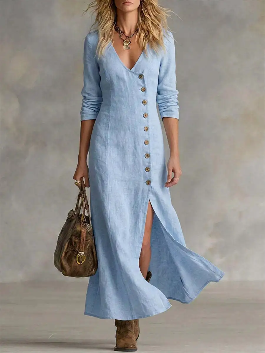 Fashion Casual Cotton Linen Dress Women Long Sleeve Button Front Loose Beach Resort Midi Dress
