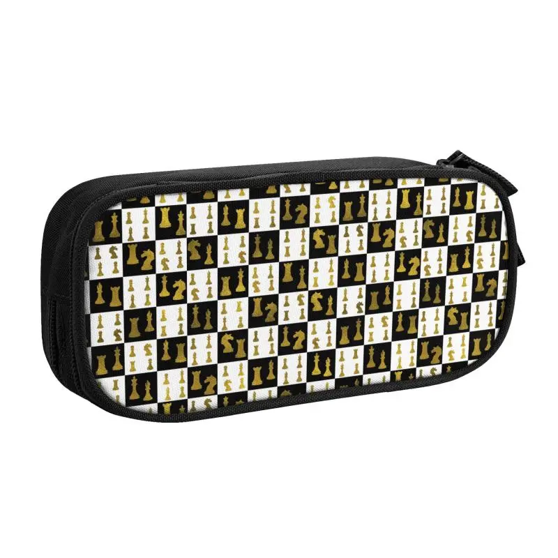 Custom Kawaii Chessboard And Gold Chess Pieces Pattern Pencil Case for Boy Gilrs Chessboard Large Storage Pen Box Bag Stationery