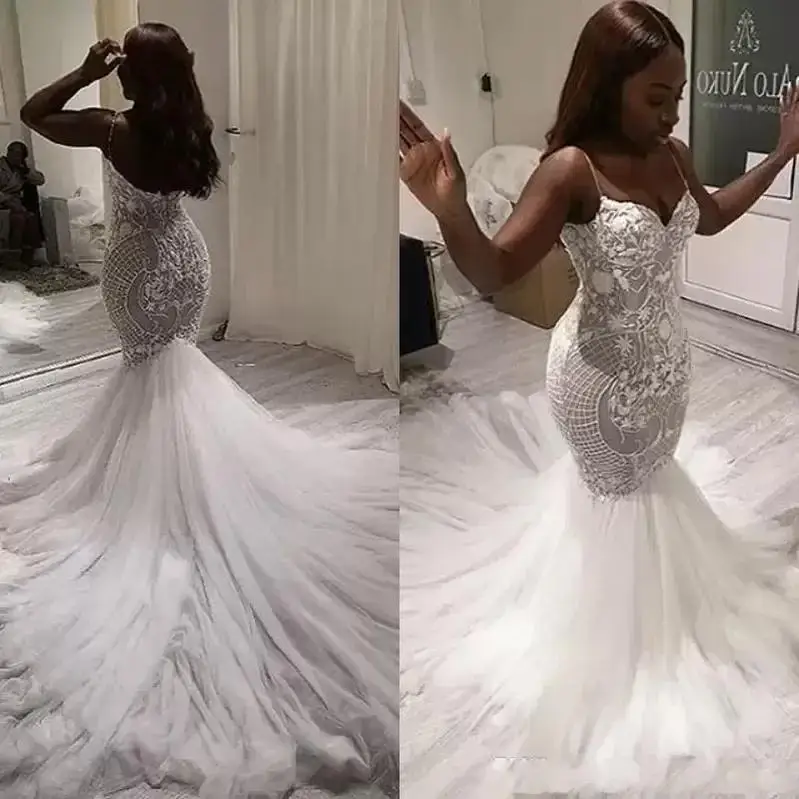 Personalizar sul africano sereia vestido de casamento vestido de noiva sexy decote em v cintas de espaguete padrão de renda tule longo vestido de noiva