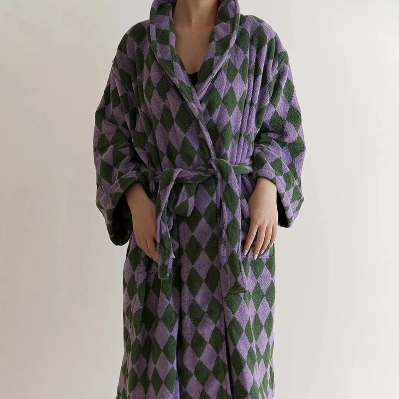 Retro Plaid Cotton Bathrobe Super Soft Absortion Hooded Loose bath Robe Coat Towel V Neck warm Sleepwear Robes Women Homewear