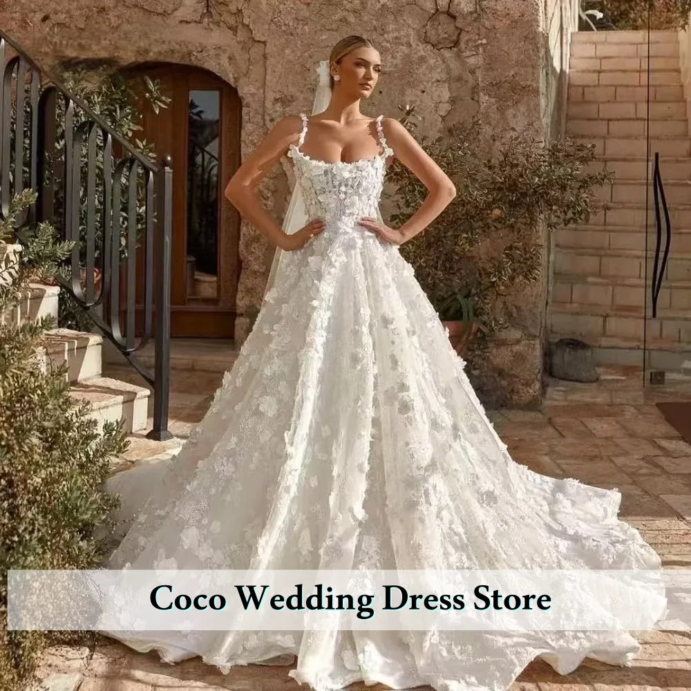 Customized Exquisite 3D Flowers A-Line Glamorous Wedding Dresses Boat Neck Vestido De Novia Elegant Lace Appliques Bridal Gowns