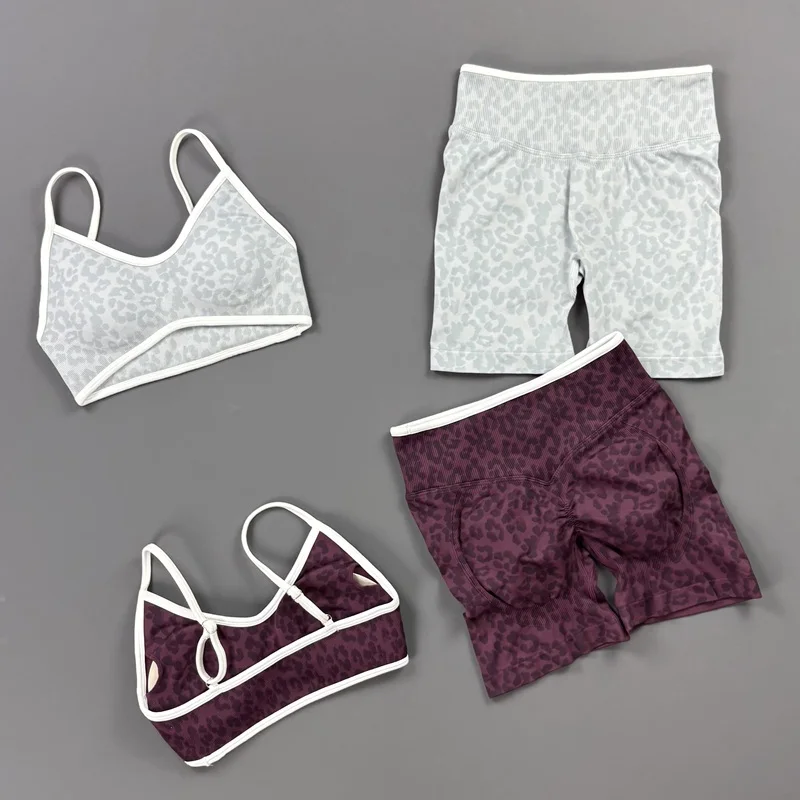 2Pcs Women Leopard Print Sports Set Seamless Scrunch Butt Shorts Removable Pad Yoga Bra Quick Dry Gym Fitness Workout Activewear
