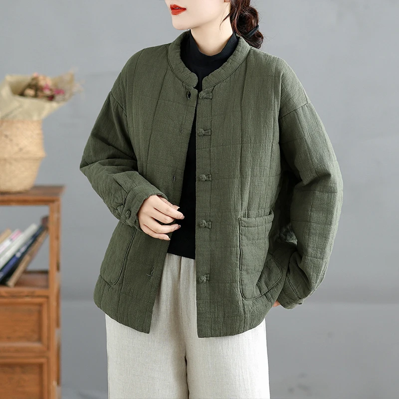 Lightweight Cotton Linen Quilted Plaid Women's Winter Retro Artistic National Sle Jaet  Silk ort Cotton Coat