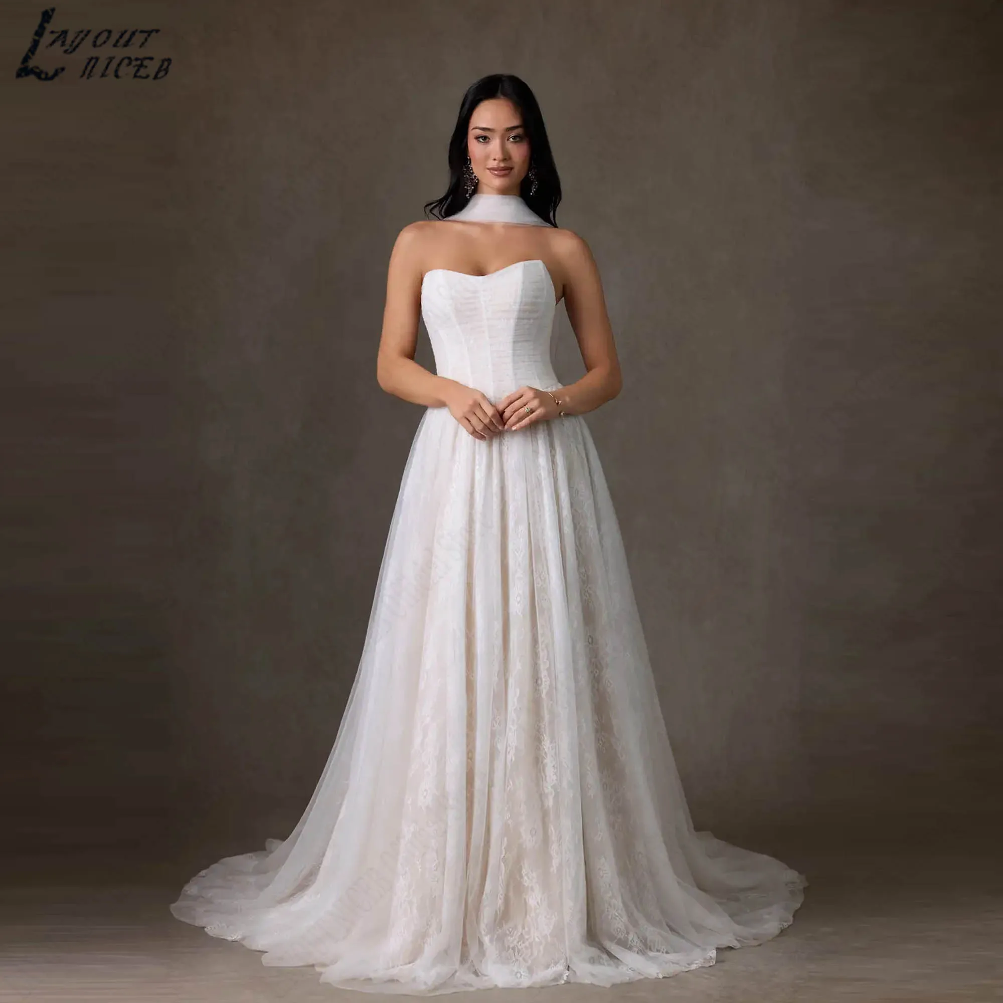 Vestido de novia de tul con encaje, corte A, sin tirantes, romántico, espalda descubierta, con cordones, elegante, vestidos de novia 2026, personalizado