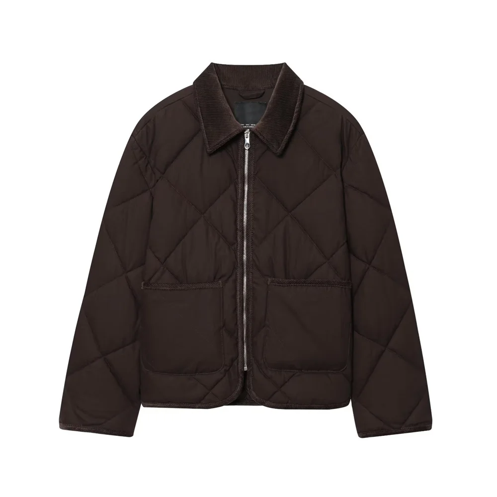 Otoño e Invierno nueva moda mujer Simple parche bolsa decoración cuello manga larga cremallera chaqueta acolchada abrigo