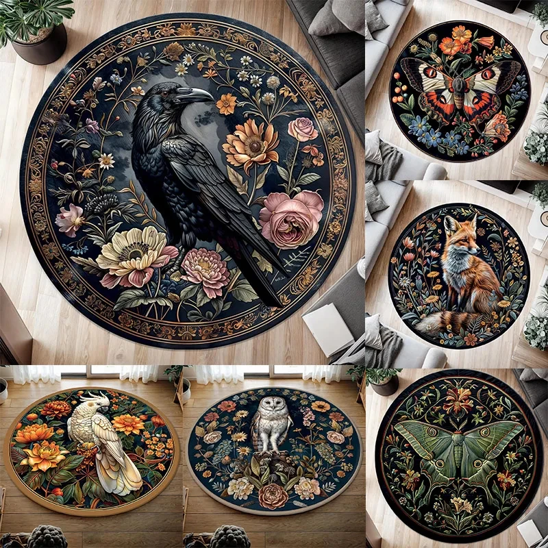 Retro Bohemian Style Floral and Animal Round Rug, Non-slip Floor Mat for Living Room, Bedroom, Bathroom, Holiday Home Decoration