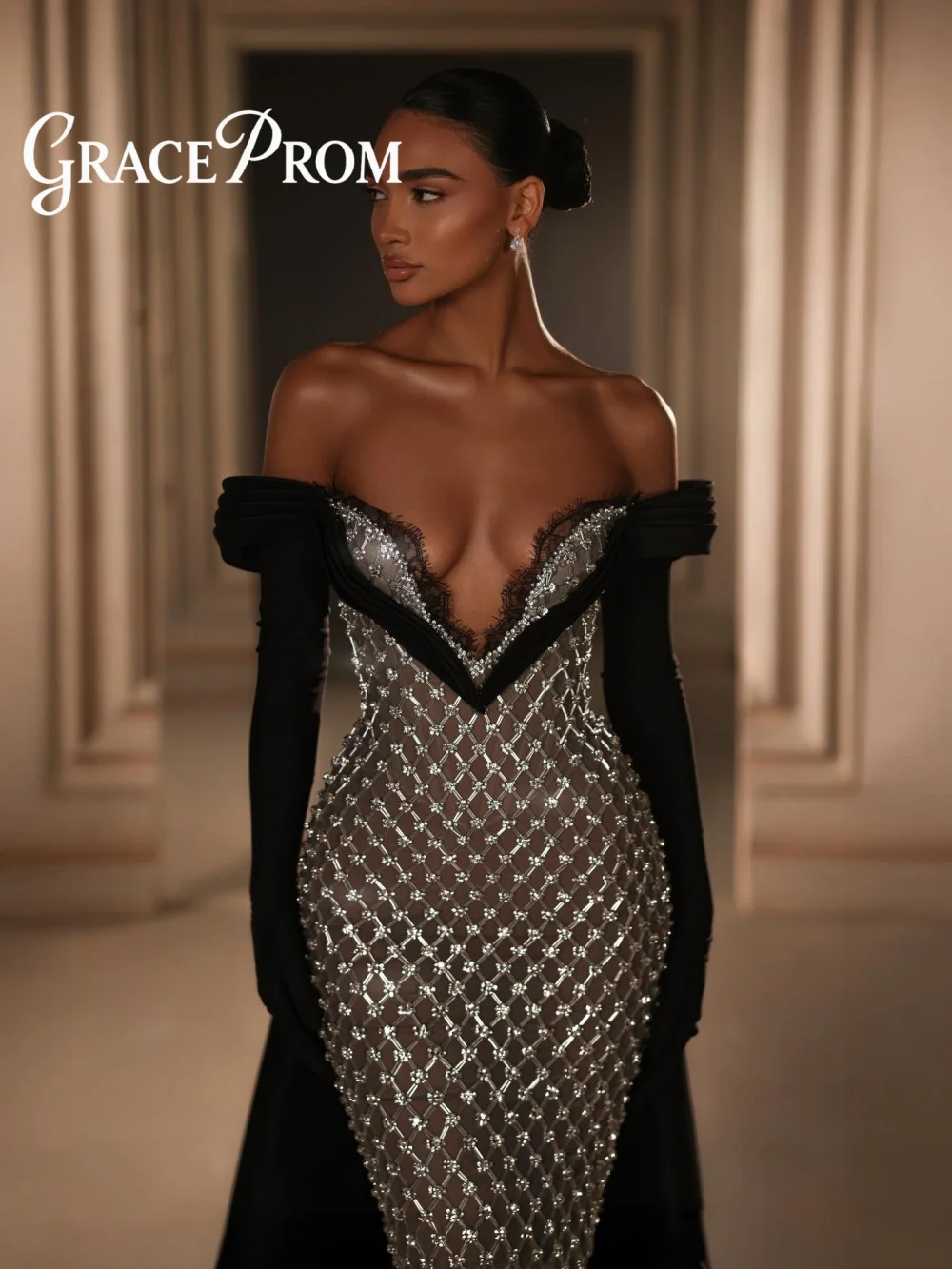 

GraceProm Deep V Heavy Beaded Evening Dress 2026 Off-the-Shoulder Mermaid Gown Stylish Floor-Length Formal Gown robes de soirée