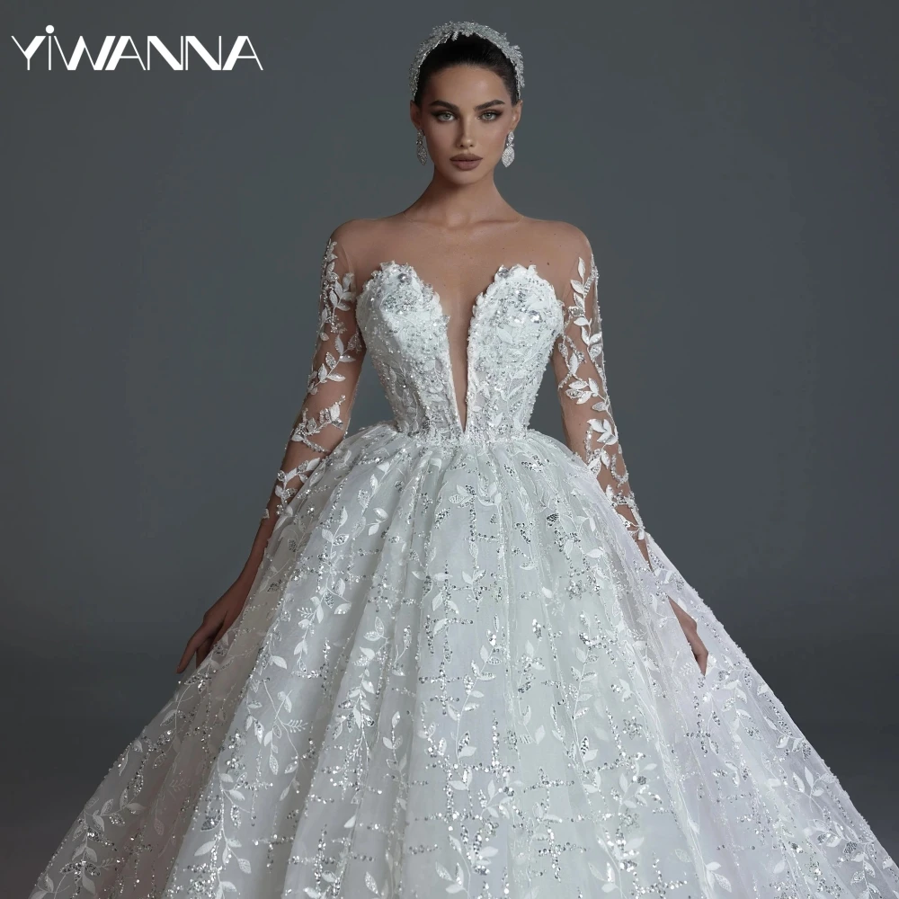 Abito da sposa con applicazioni in pizzo con perline squisite Abito da sposa a maniche lunghe con illusione 2025 Abiti da ballo personalizzati Abiti lunghi per la sposa