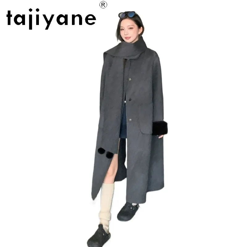 TAJIYANE 90% Wool 10% Cashmere Coats Women Long Luxury Wool Trench Coat 2026 Winter Clothes Woman Mink Fur Cuffs Jacket Пальто