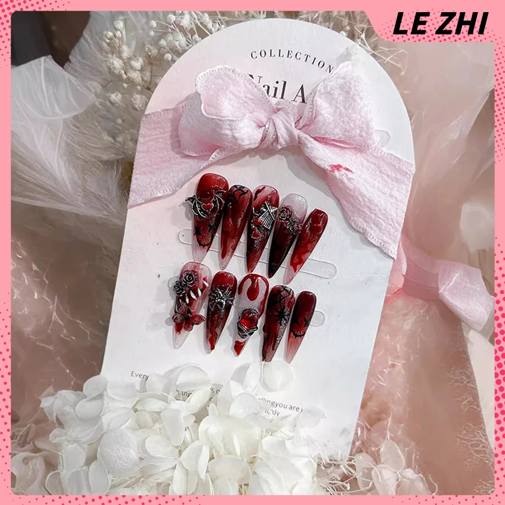 Indywidualność Spice Girl Blood Red Long Almond Wearable Press on Nails 3D Ruby Rose Decoration Fashion Artificial Full Cover Nail