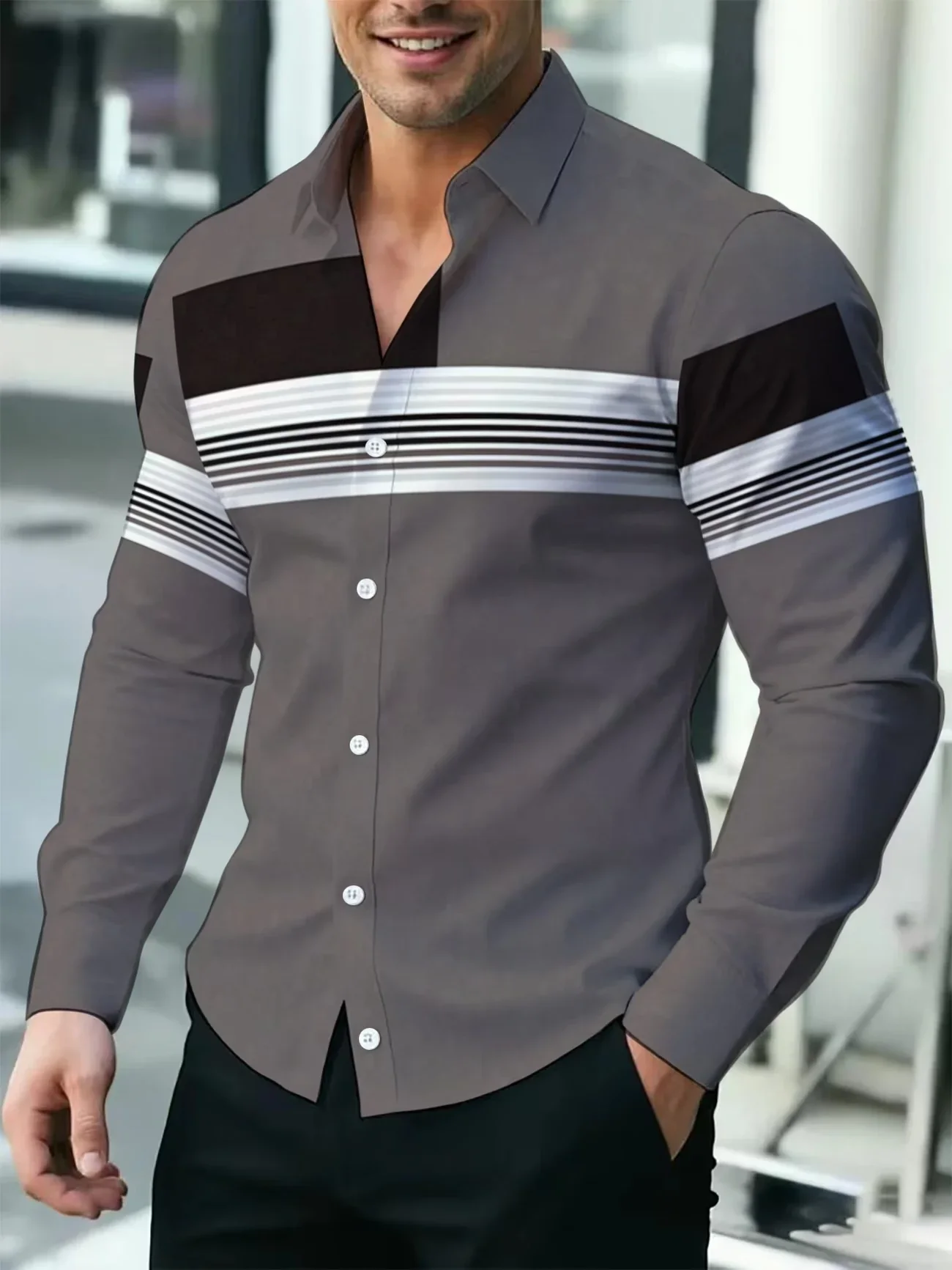 Men's Retro Style Long Sleeved Casual Shirt Black and White Contrasting Red Rose Butterfly Print