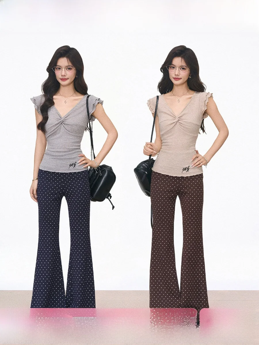 

WESTAYONE Spring Summer New Arrival Women's Knitted Short Sleeve Top with Fly Sleeve Polka Dot Casual Flared Pants Set