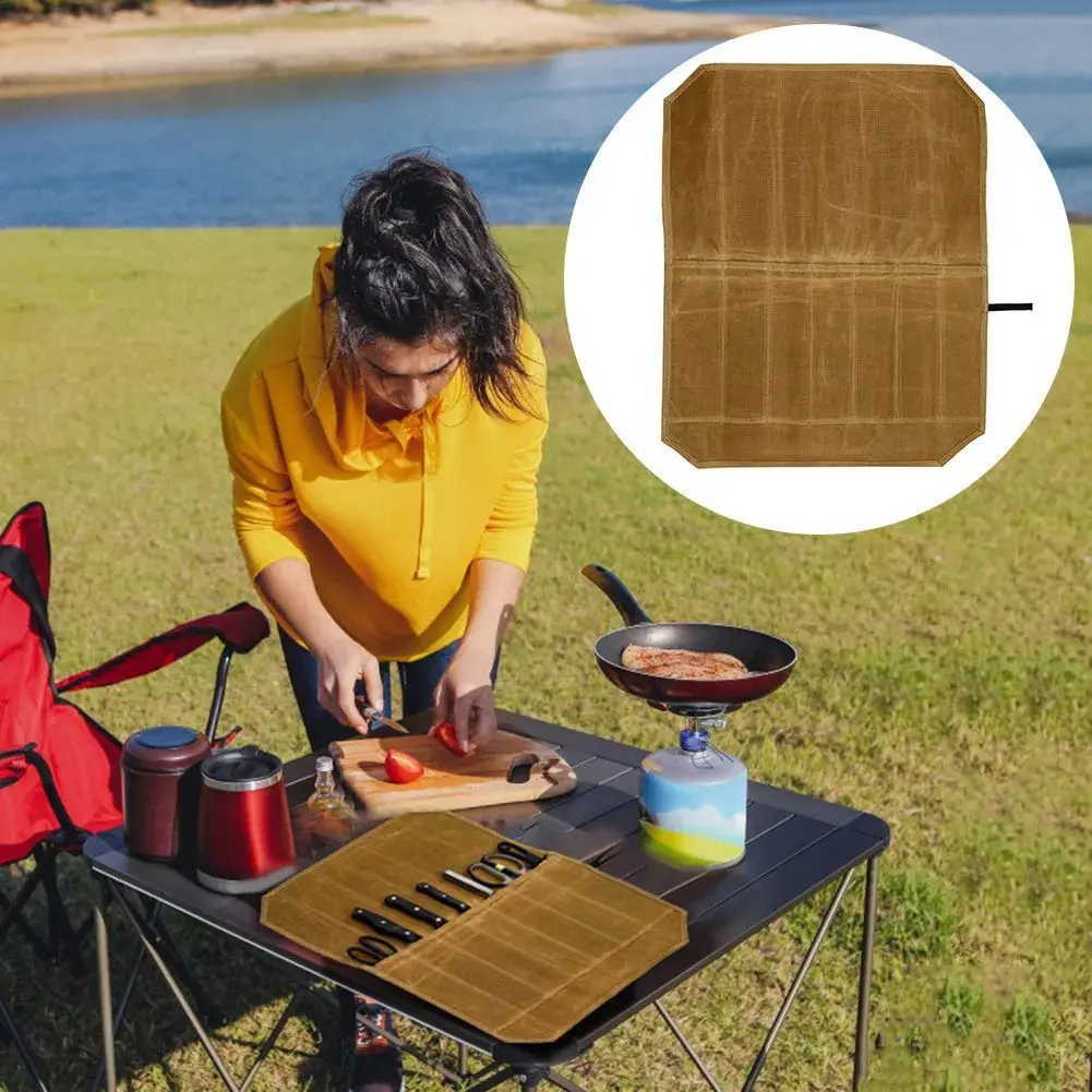 Wet Wax Canvas Knife Storage Bag Chef Picnic Camping Barbecue Kitchen Portable Storage Bag Chef Bag File Roll Storage