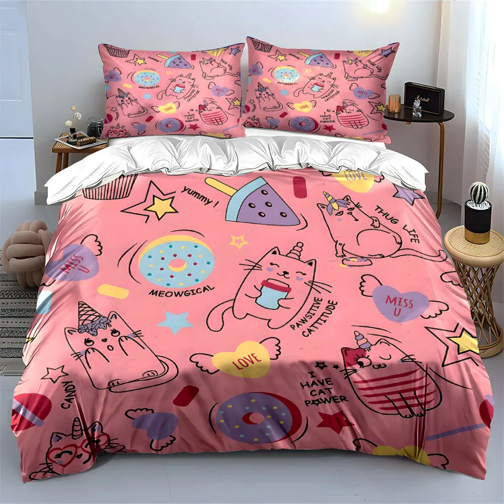 Cute pink cat doodle background Printed Duvet Cover Set 1 Duvet Cover+2 Pillowcase Multi Size Bedroom Bedding Decoration
