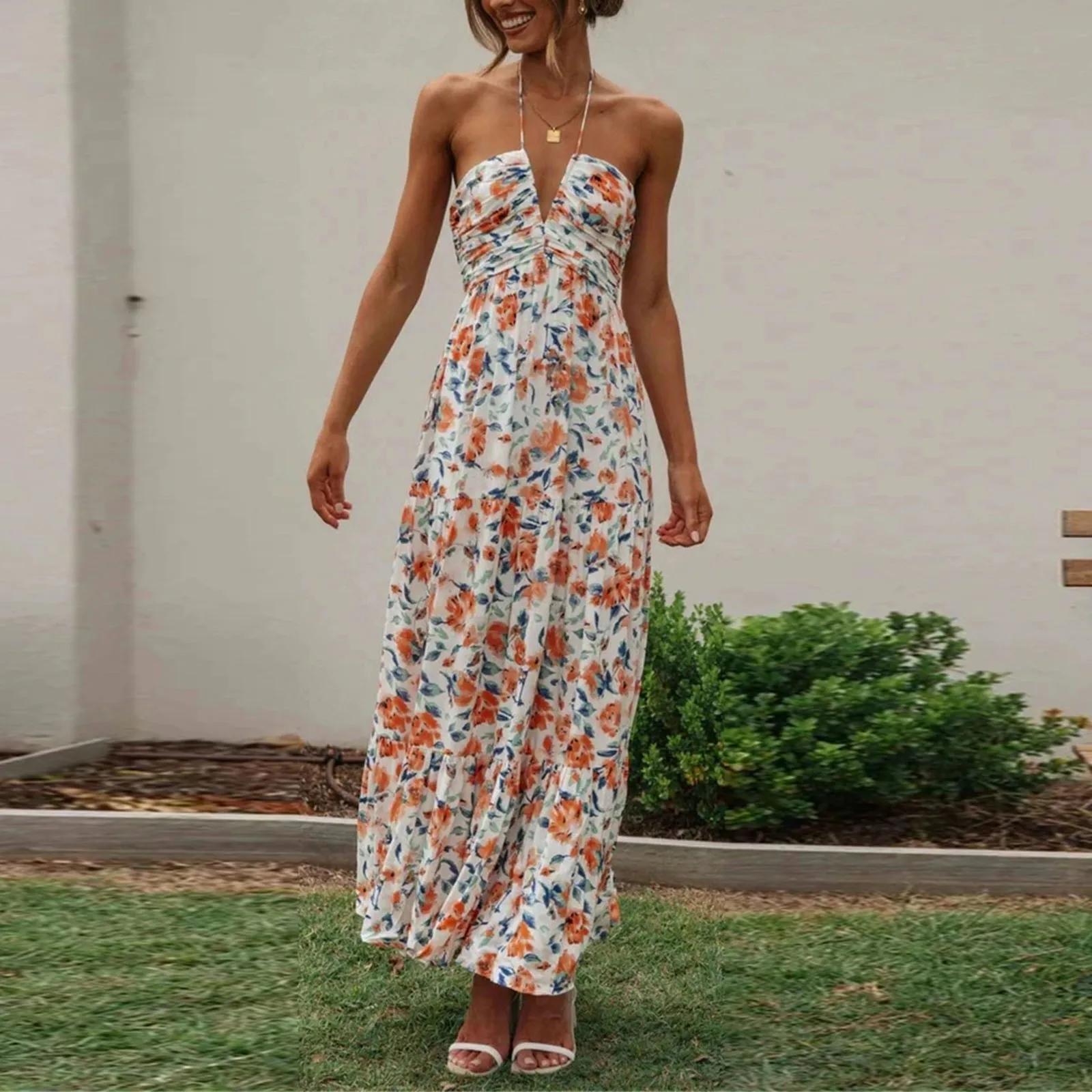 

Women Halter V Neck Sleeveless Floral Flowy A Line Maxi Dress Off Shoulder Sexy Backless Casual Dress Boho Long Beach Dresses