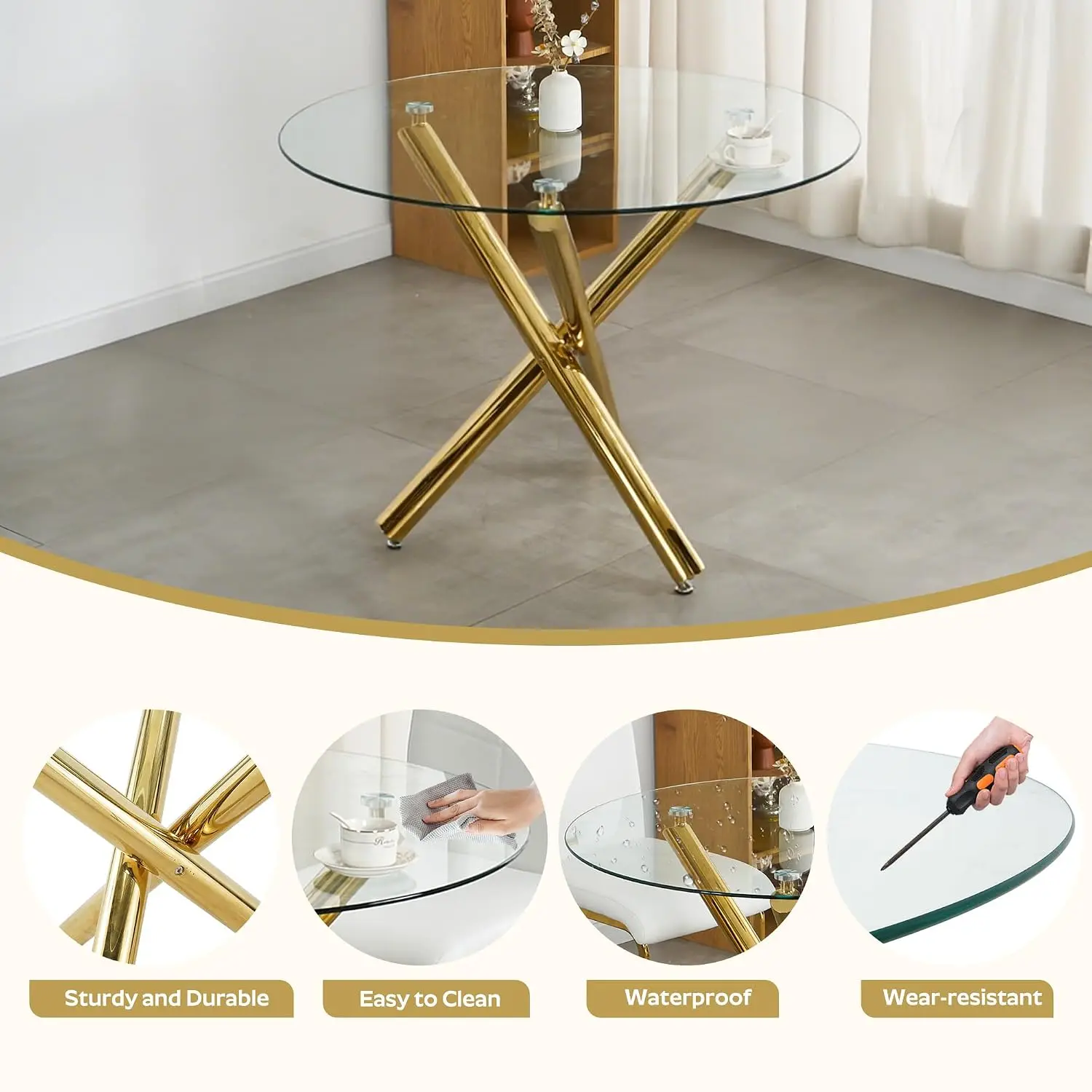 39'' Glass Dining Table Set 5-Piece Modern Round Kitchen Table 4 Beige Velvet Chairs Dining Room Cafe Gold Base, Customized